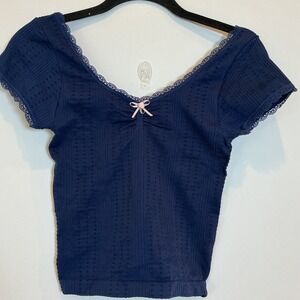 Y2K Navy Lace Trim Pointelle Baby Tee Coquette Balletcore Top S/M
